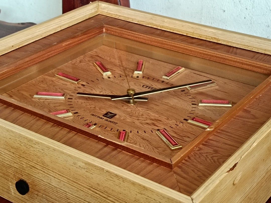Citizen Rhythm Wooden Japan Wall Clock, Working (Category: Clocks) located in Imus. Submitted by ABrielleC (Listing ID 1426976679, Image 2). Description: Wood Frame Material No ticking sound Battery Type- Size C(1x), not included Height-14in Length-15in Width-3.5in Weight-2.5kg Japan Surplus Item Remarks- Issue seen on last photo First to pay Loc Imus Cavite.