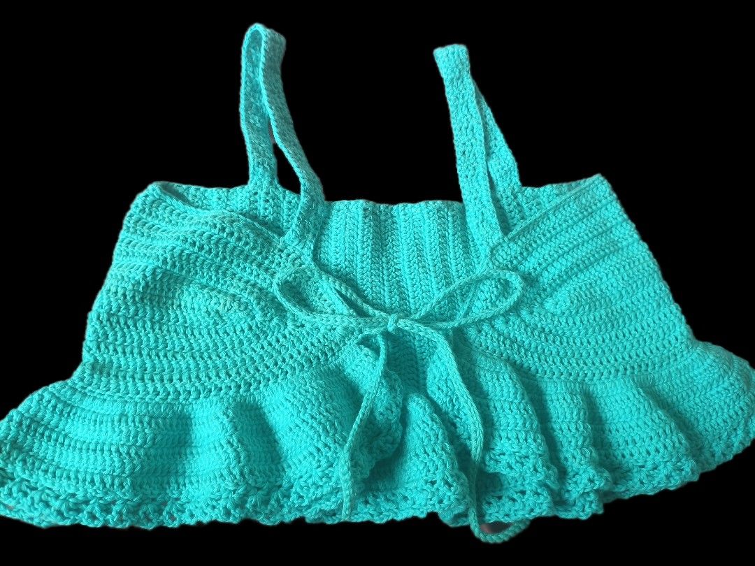 Handmade Crochet Ruffle Top Blue Size Small (Category: Sleeveless) located in Manila. Submitted by flashylanding (Listing ID 1426483195, Image 2). Description: Crochet ruffle top blue Width - 15 inches Length - 7.5 inches sf shouldered by the buyer.