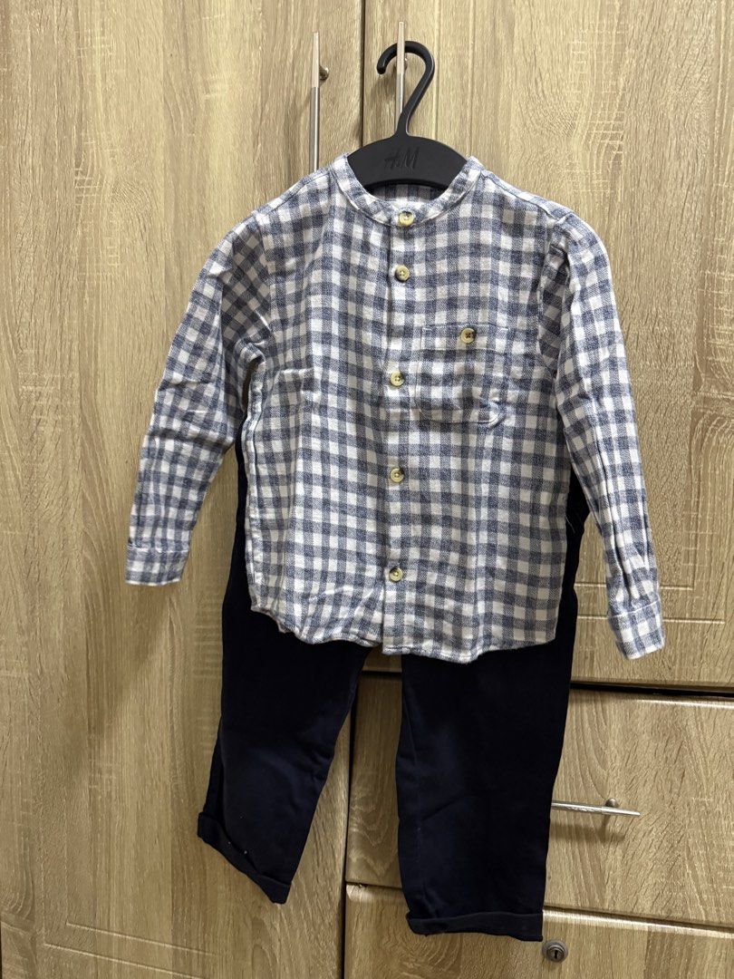 H&M Checkered Shirt and Pants Set (Category: Babies & Kids Fashion) located in Cavite. Submitted by prelovedstuff28179 (Listing ID 1427151348, Image 1). Description: Personal preloved of my son's Zara top used once HM pants brandnew 3-4T .