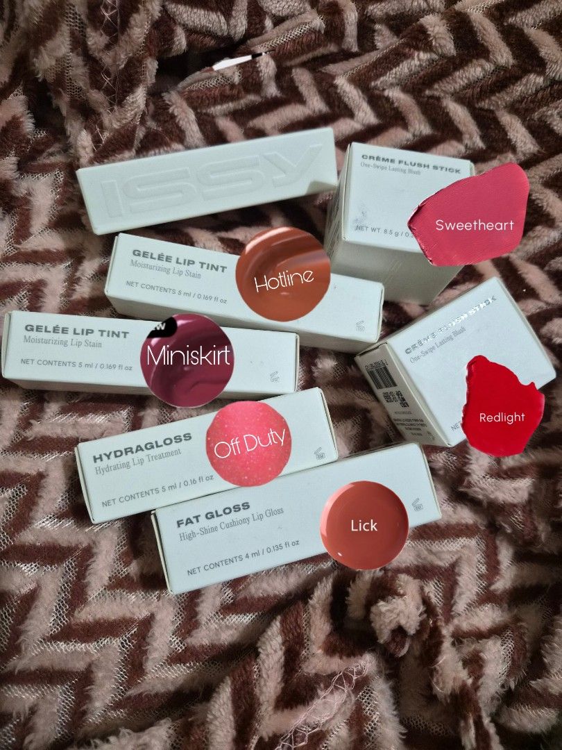 Issy & Co. Lip and Blush Bundle (Category: Makeup) located in Quezon City. Submitted by max_decluttering (Listing ID 1427094898, Image 3). Description: •For take all ✨️ •Brand new • Unopened products, only removed from the box for the photo •Expiry: Hydragloss - 07/2028, Creme Flush Stick - 10/2027, Gelée Lip Tint - 06/2027, Fat Gloss - 09/2028 .