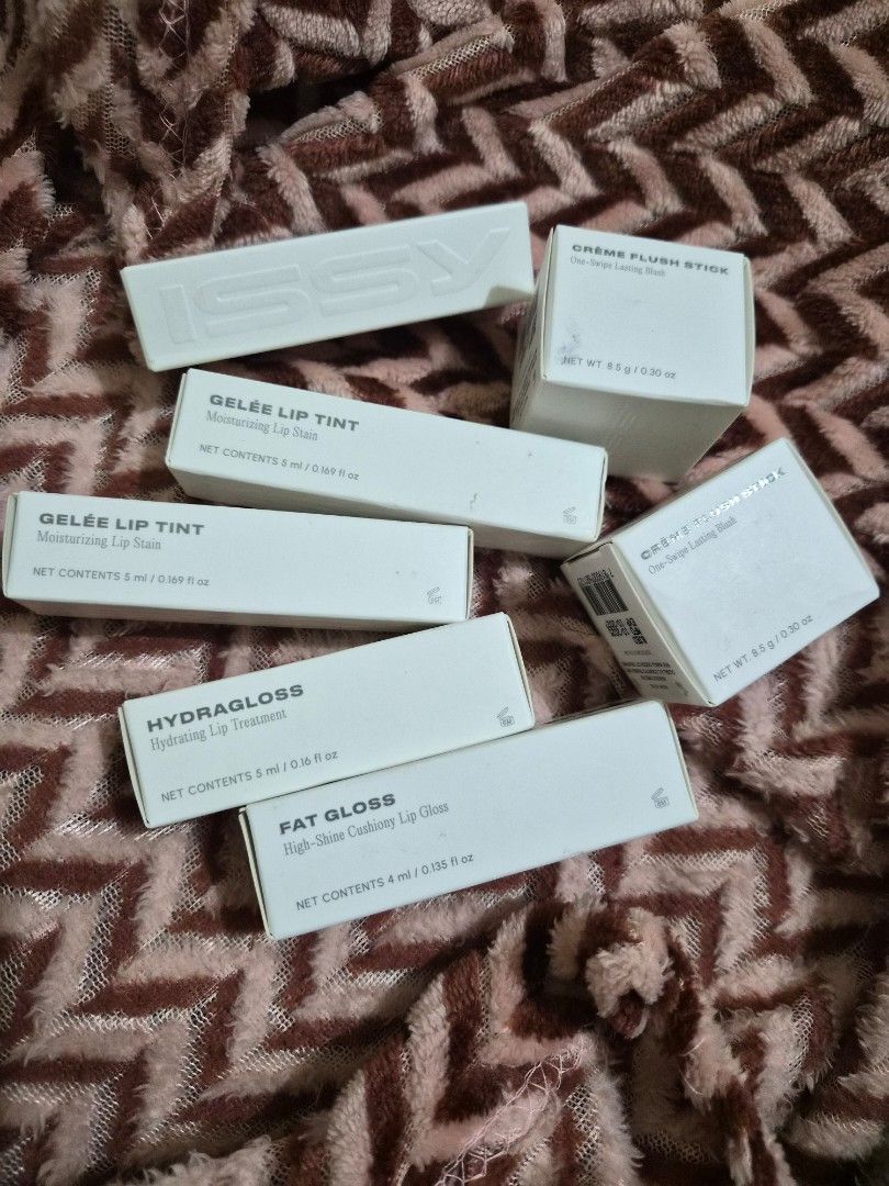 Issy & Co. Lip and Blush Bundle (Category: Makeup) located in Quezon City. Submitted by max_decluttering (Listing ID 1427094898, Image 1). Description: •For take all ✨️ •Brand new • Unopened products, only removed from the box for the photo •Expiry: Hydragloss - 07/2028, Creme Flush Stick - 10/2027, Gelée Lip Tint - 06/2027, Fat Gloss - 09/2028 .