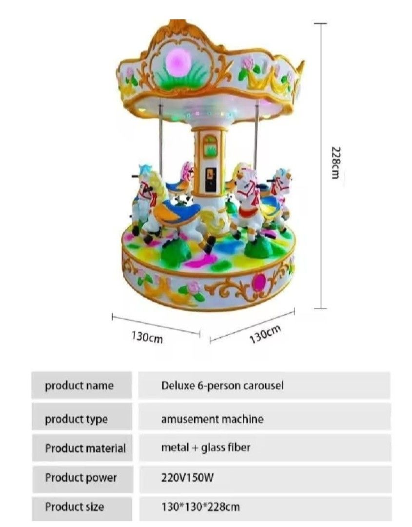 KIDDIE HORSE CAROUSEL RIDES (6 SEATER) (Category: Other Sports Equipment and Supplies) located in San Pablo. Submitted by liezelvalenzuela06 (Listing ID 1427004151, Image 2). Description: KIDDIE HORSE CAROUSEL RIDES (6 SEATER) Php 500,000.00 Age: 7-14 yrs old Power: 150 W Weight: 137 kg. Product size: L 130* W 130* H 280 cm Voltage: 220v NOTE: PRE- ORDER BASIS ONLY‼️ ETA: 45-60 DAYS UPON RESERVATION MODE OF PAYMENT ✅CASH ✅GCASH ✅BANK TRANSFER ✅ C