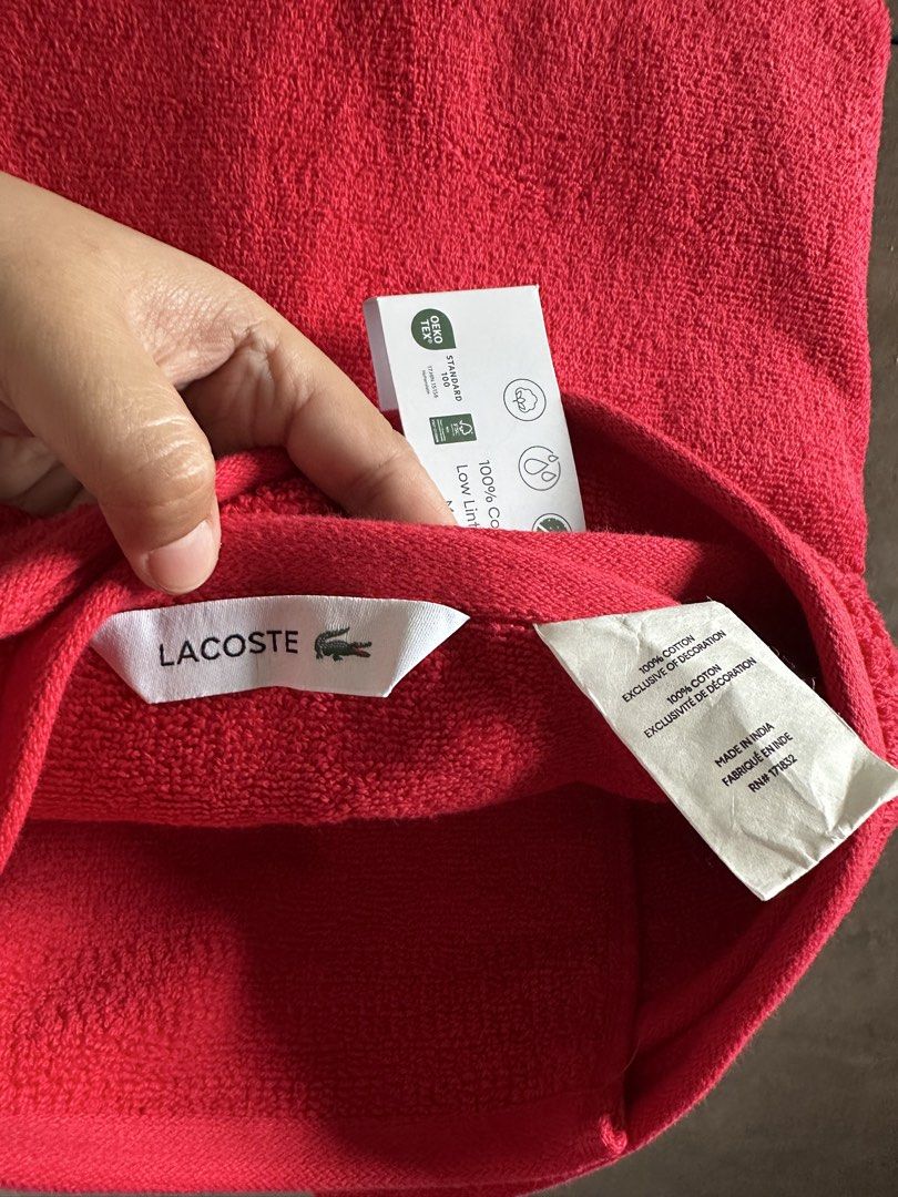 Lacoste Bath Towel (Category: Bath) located in Pasig City. Submitted by clothesco.1289 (Listing ID 1427007713, Image 3). Description: LACOSTE Bath Towel 100% cotton- ORIGINAL from U.S. Size: W 30inch x L 52in. Color: RED ₱ 1,350.