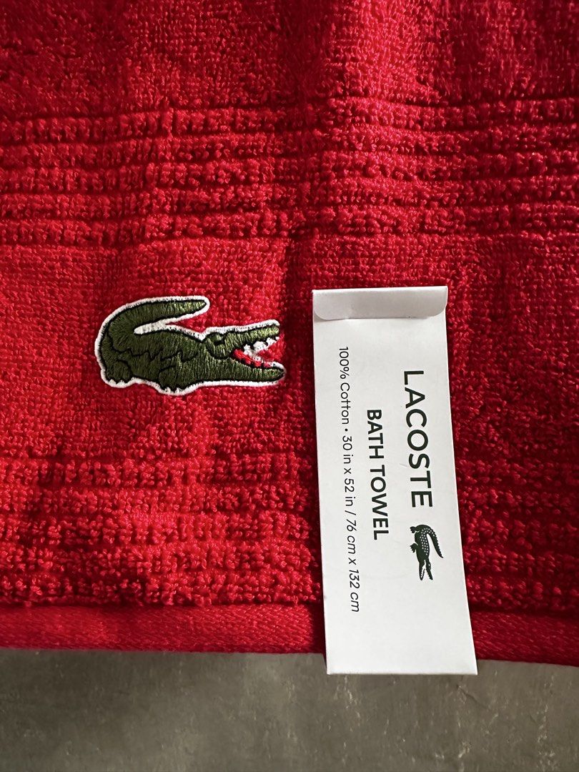 Lacoste Bath Towel (Category: Bath) located in Pasig City. Submitted by clothesco.1289 (Listing ID 1427007713, Image 2). Description: LACOSTE Bath Towel 100% cotton- ORIGINAL from U.S. Size: W 30inch x L 52in. Color: RED ₱ 1,350.