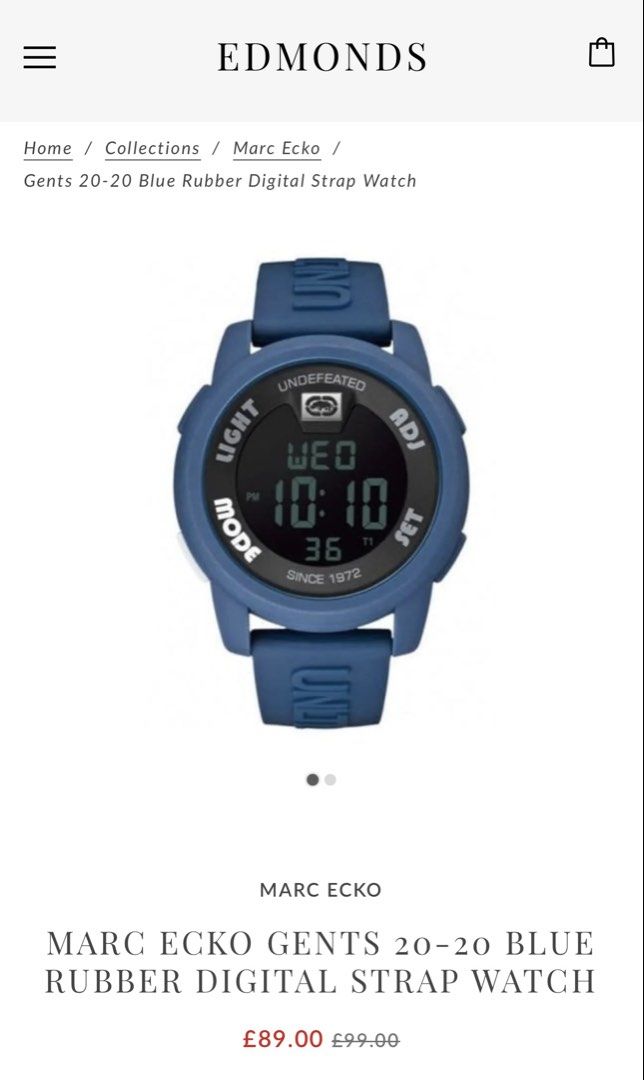 Marc Ecko The 20-20 Blue Rubber Digital Watch (Category: Men's Watches) located in Marikina City. Submitted by landertroy (Listing ID 1426974227, Image 2). Description: Marc Ecko digital watch features a blue rubber strap and case. The watch face displays the time, day, and date. It has light, mode, and set buttons. The back of the watch has the Marc Ecko logo and model number E07503G3. The watch is marked "UNLTD." on the strap..