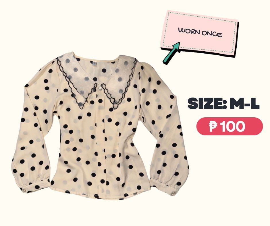 Polka Dot Long Sleeve Blouse with Peter Pan Collar (Category: Blouses) located in Manila. Submitted by mayarii_ (Listing ID 1427148732, Image 2). Description: Blouse features a cream-colored fabric with black polka dots. It has a Peter Pan collar with black trim and long sleeves with buttoned cuffs. The blouse has a button-down front and a slightly fitted silhouette..