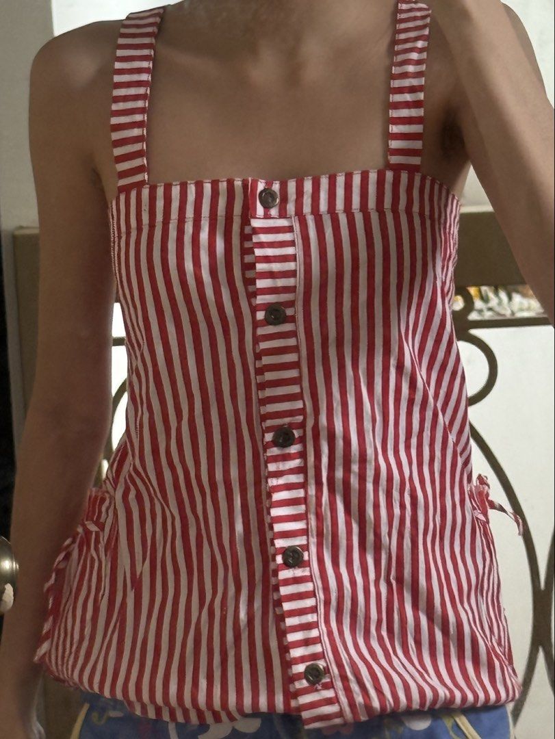 Red and White Striped Tank Top (Category: Sleeveless) located in Makati City. Submitted by blingbinz (Listing ID 1427026950, Image 1). Description: - size xs-small, best fits small - smocked so very stretchy - tie details on the side .