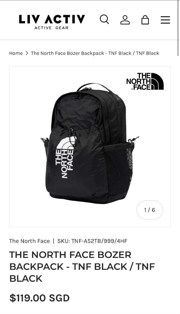 THE NORTH FACE BOZER BACKPACK - TNF BLACK (authentic) (Category: Activewear) located in Cebu City. Submitted by westleygics18 (Listing ID 1427149525, Image 2). Description: THE NORTH FACE BOZER BACKPACK - TNF BLACK (authentic) Excellent Condition - Large interior with a dedicated, padded laptop/tablet sleeve. - Secondary Compartment: Front organization pocket for smaller items. - Front Bungee System: External elastic bungee cord for quick-access 