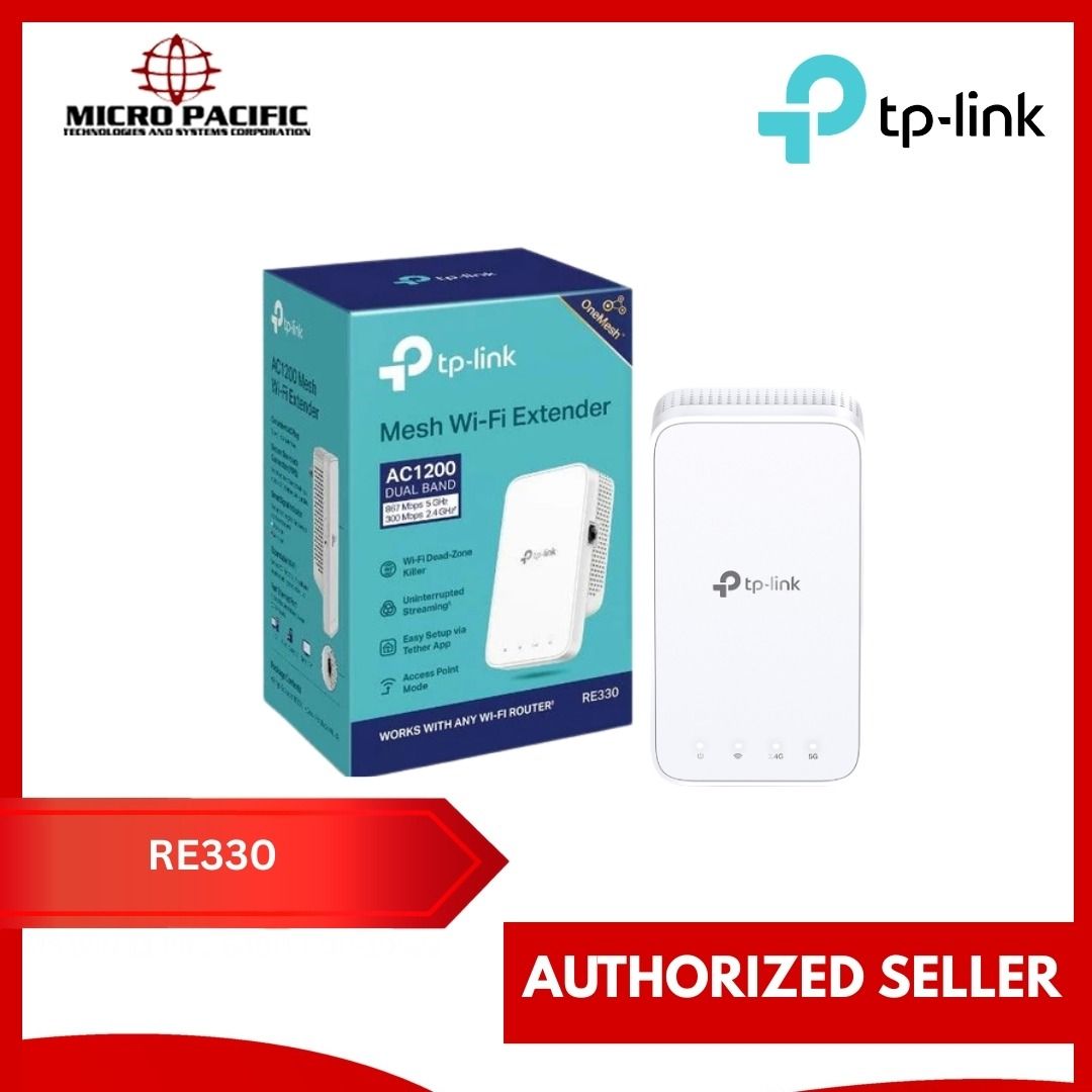 TP-Link RE330 Mesh Wi-Fi Extender (Category: Networking) located in Makati City. Submitted by micro_pacific (Listing ID 1426838855, Image 1). Description: Eliminate weak signal areas with whole home WiFi coverage. 2.4 GHz (300 Mbps) and 5 GHz (867 Mbps) dual-band WiFi connection ensures more stable wireless experience.† Creates a Mesh network by connecting to a TP-Link OneMesh™ router for seamless whole-home coverage.‡ Adaptive Path Selection – c