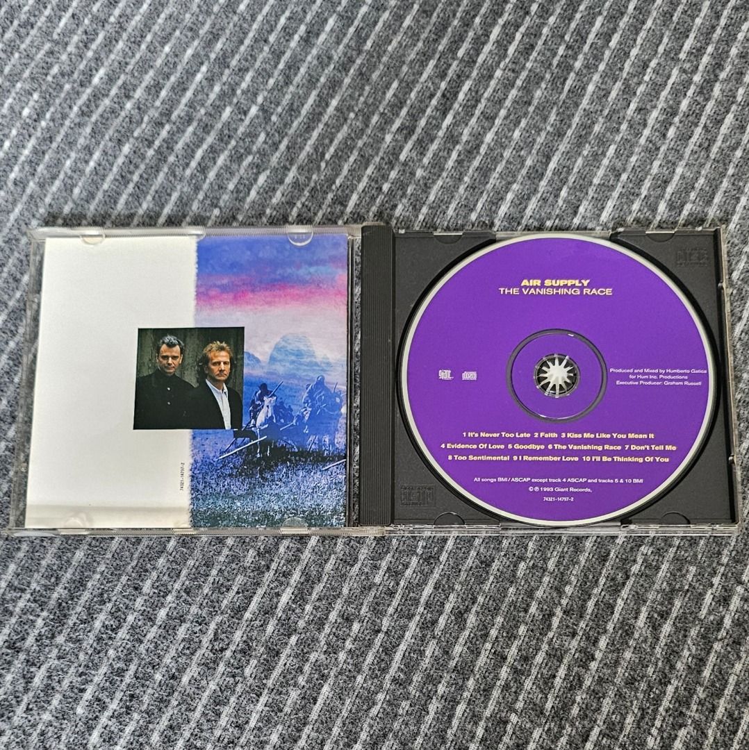 1 For 1 🌟[CD Album] Air Supply – The Vanishing Race (Category: CDs & DVDs) located in Singapore. Submitted by strangecell (Listing ID 1427279580, Image 2). Description: Many more Various Genres: https://www.carousell.sg/p/1253907759 Electronic Dance, EDM, DJ Mix: https://carousell.com/p/1035784902 Easy Listening, Funk Soul, Lounge, Jazz, New Age, Chill-out: https://carousell.com/p/1028943398 ************************************** Self-collect at