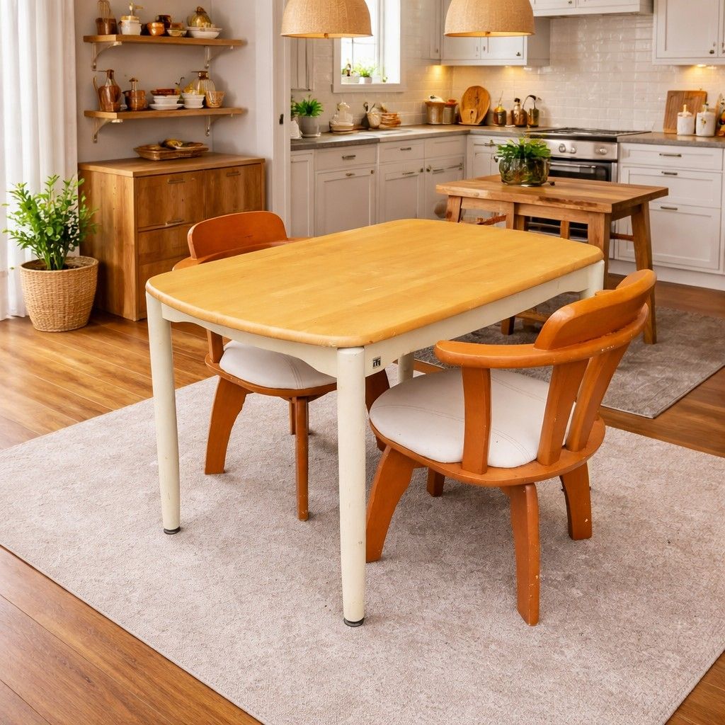 2nd hand MATSUDA Table + NITORI Swivel Chairs Dining Set (Category: Tables & Sets) located in Paranaque City. Submitted by 2ndcharmfurniture (Listing ID 1427263288, Image 2). Description: Dining set includes a Matsuda table and two Nitori chairs. The table is made in Japan and measures L90 x W60 x H70cm. The chairs are L44 x D44 x H70cm, with a seat height of 40cm. The table has a light wood top with off-white legs. The chairs have wooden frames 