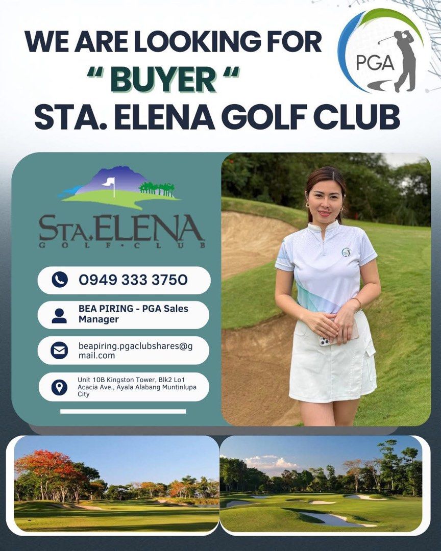 📍AVAILABLE STA. ELENA GOLF CLUB SHARE (Category: Golf) located in Muntinlupa City. Submitted by beapring.pgaclubshares (Listing ID 1427250565, Image 1). Description: Hi! This is Bea from PGA Clubshares, Inc.⛳️ We have Sta. Elena Golf Club share available! If you’re interested—or know someone who might be—please contact me for a sample breakdown and details.🙂.