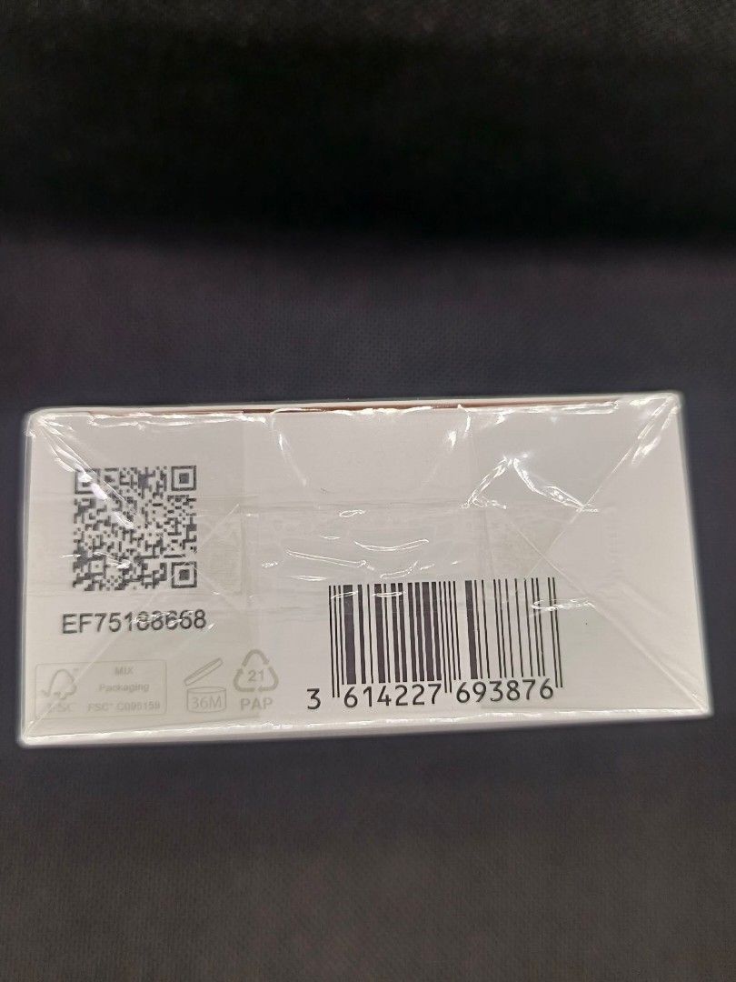 BURBERRY HER (Category: Fragrance & Deodorants) located in Kawit. Submitted by chapter.leaf14 (Listing ID 1427249913, Image 2). Description: ORIGINAL: Sealed perfume box with a barcode and QR code. The box has a white exterior. The barcode number is 3614227693876. The product code is EF7513868. The box also has recycling symbols..