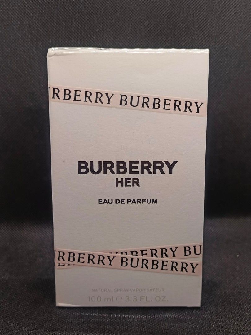 BURBERRY HER (Category: Fragrance & Deodorants) located in Kawit. Submitted by chapter.leaf14 (Listing ID 1427249913, Image 1). Description: ORIGINAL: Sealed perfume box with a barcode and QR code. The box has a white exterior. The barcode number is 3614227693876. The product code is EF7513868. The box also has recycling symbols..