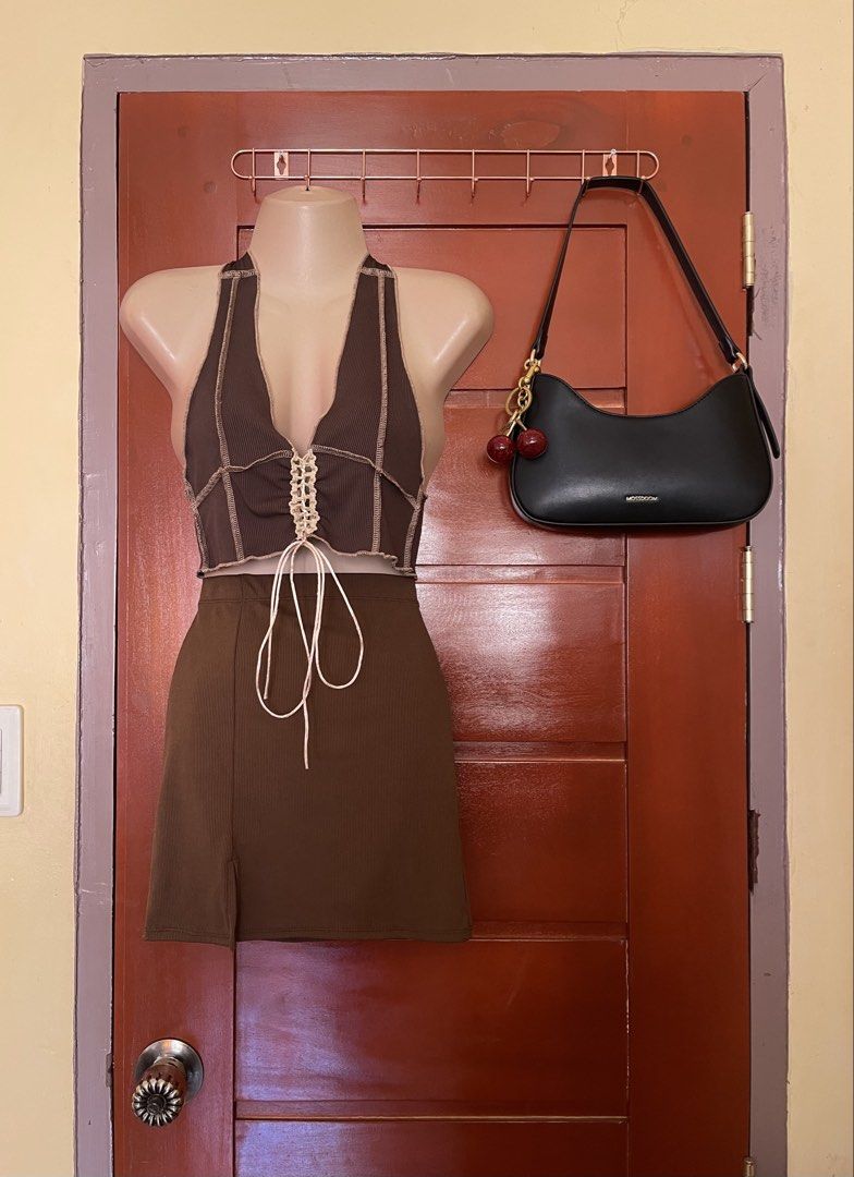 Choco Brown Halter Top and Skirt Set (Category: Sets or Coordinates) located in Baler. Submitted by declutterwithrhys (Listing ID 1427186722, Image 1). Description: FOR SALE (PLEASE MAKE READING A HABIT) SHEIN HALTER TIE TOP WITH RIB-KNIT SKIRT SOLD AS SET COLOR CHOCO BROWN USED ONCE (PINANG PICTURE LANG) LIKE NEW CONDITION NO ISSUE SIZE S ON TAG | UP TO 20-27 WAISTLINE LENGTH 15 INCHES BEST FIT SIZE EXTRA SMALL TO MEDIUM BODY FRAME GARTERIZED WA