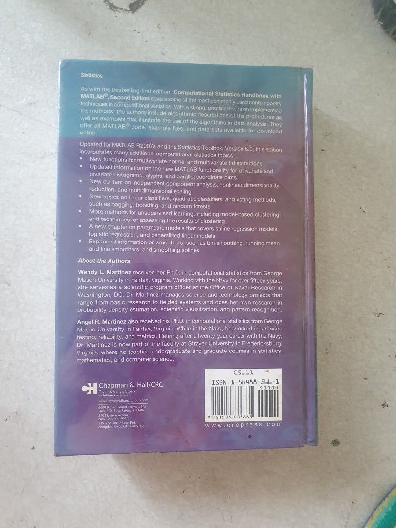 Computational Statistics Handbook with MATLAB (Category: Textbooks) located in San Pablo. Submitted by happyflower_4a9f30 (Listing ID 1427183530, Image 2). Description: Book is the second edition of the Computational Statistics Handbook with MATLAB. It is part of the Computer Science and Data Analysis Series. The authors are Wendy L. Martinez and Angel R. Martinez. The book covers various topics related to computational statistics and data analys