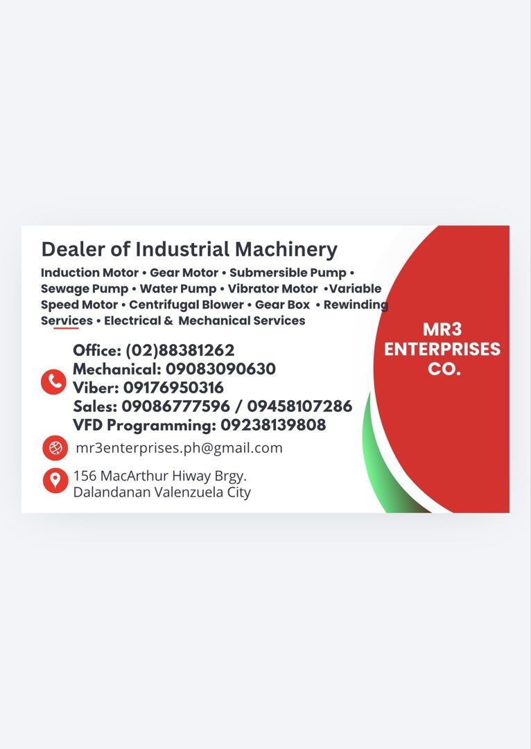 Electric Motors (Category: Construction Tools & Equipment) located in Bulacan. Submitted by mzacarias0027 (Listing ID 1427173559, Image 3). Description: Surplus Japan (Second-Hand) Induction Motor 1 hp 3 phase Brand: Toshiba Volts: 220 Rpm: 1720 Other(s): Submersible pump Water Pump Electric Motor 1 hp - 150 hp Centrifugal Blower 2 hp-15 hp Gear motor Gear box Vibrator Motor Inverter Converter Panel Board For faster inquiry: 📍MR3 ENTERPRISES CO.