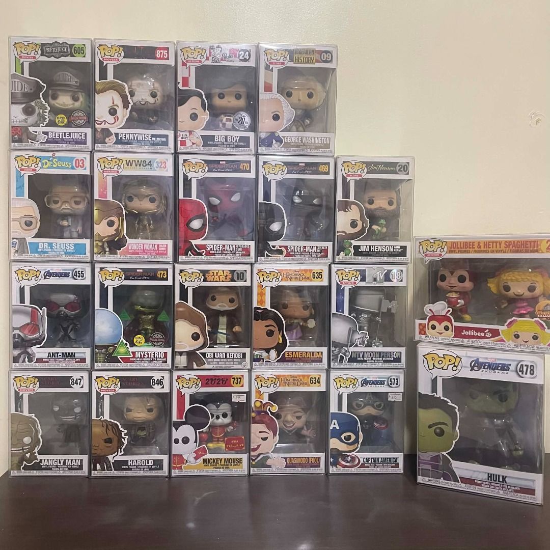 FUNKO POPS 400 PESOS ABOVE (PRICE IN DESCRIPTION) (Category: Designer & Blind Box Toys) located in Mandaluyong City. Submitted by _copndrop (Listing ID 1427219213, Image 1). Description: ASSORTED FUNKO POPS 400 ABOVE == PRICES == (FIXED PRICE) JOLLIBEE HETTI FUNKO - 1,200 BIG BOY (24) - 550 JIM HENSON (20) - 450 MTV MOON PERSON (18) - 450 SPIDERMAN STEALTH SUIT (469) - 600 SPIDERMAN UPGRADED SUIT (470) - 600 MYSTERIO GLOW IN THE DARK (473) - 1,20