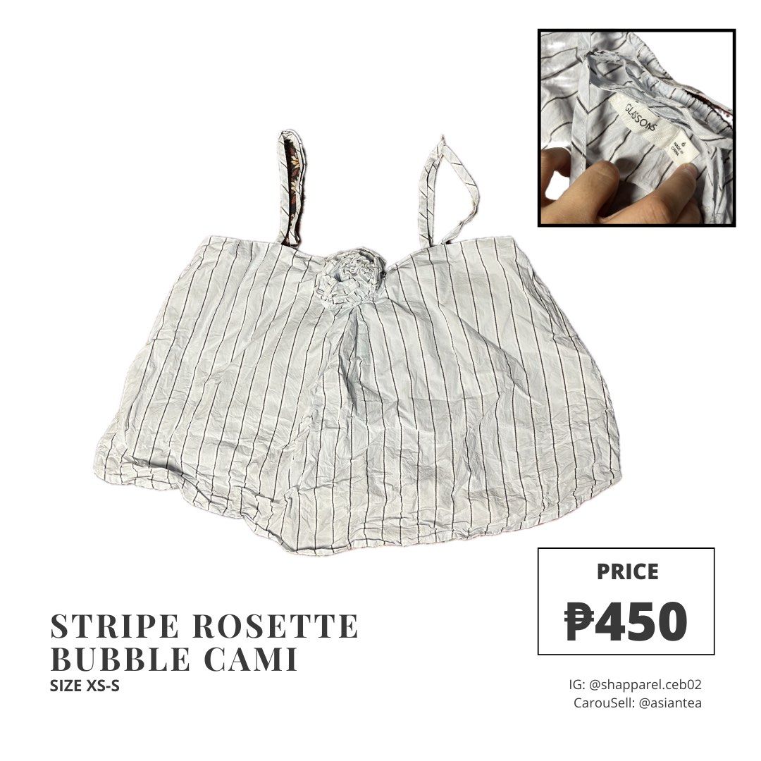 Glassons Stripe Rosette Bubble Cami XS-S (Category: Sleeveless) located in Cebu City. Submitted by asiantea (Listing ID 1427306152, Image 1). Description: - fits xs-m - worn once; in great condition - personal fave.