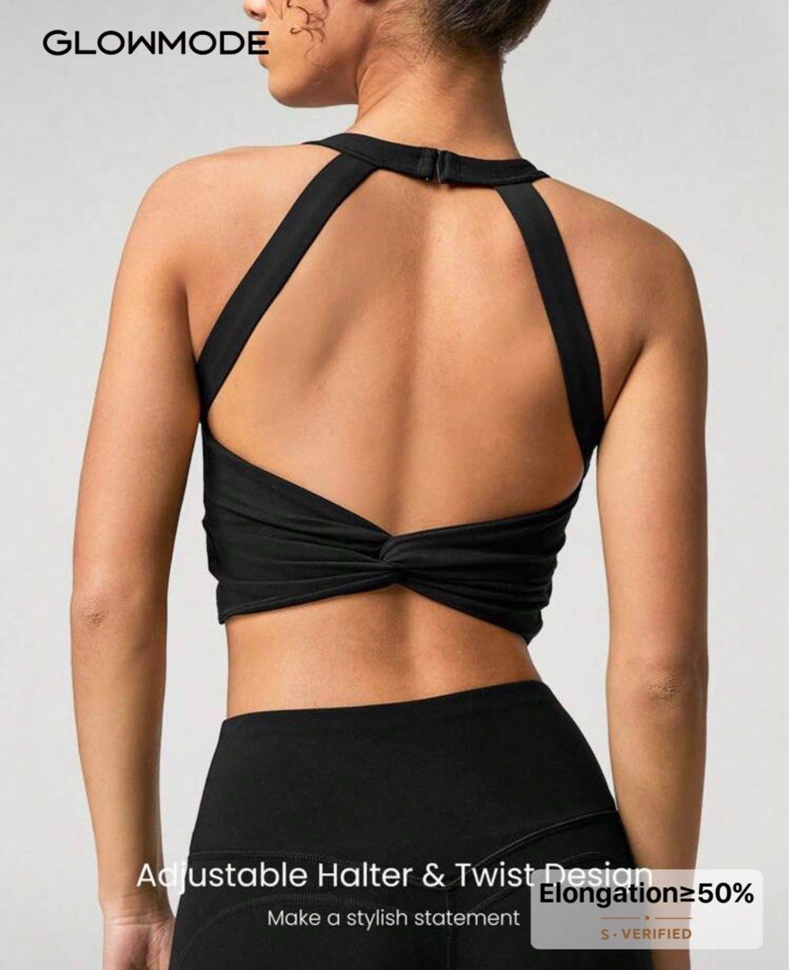 Glowmode halter sports bra (Category: Activewear) located in Quezon City. Submitted by monmonmon13 (Listing ID 1427277813, Image 3). Description: Glowmode x Marika Sila Featherfit Halter Backless Sports Bra in BLACK 🐈‍⬛ - size small (best for 32A-32B) - offers light support - comes with removable pads - hook closure - 4 way stretch, buttery soft fabric - used once - perfect for yoga, pilates - bought for P960.