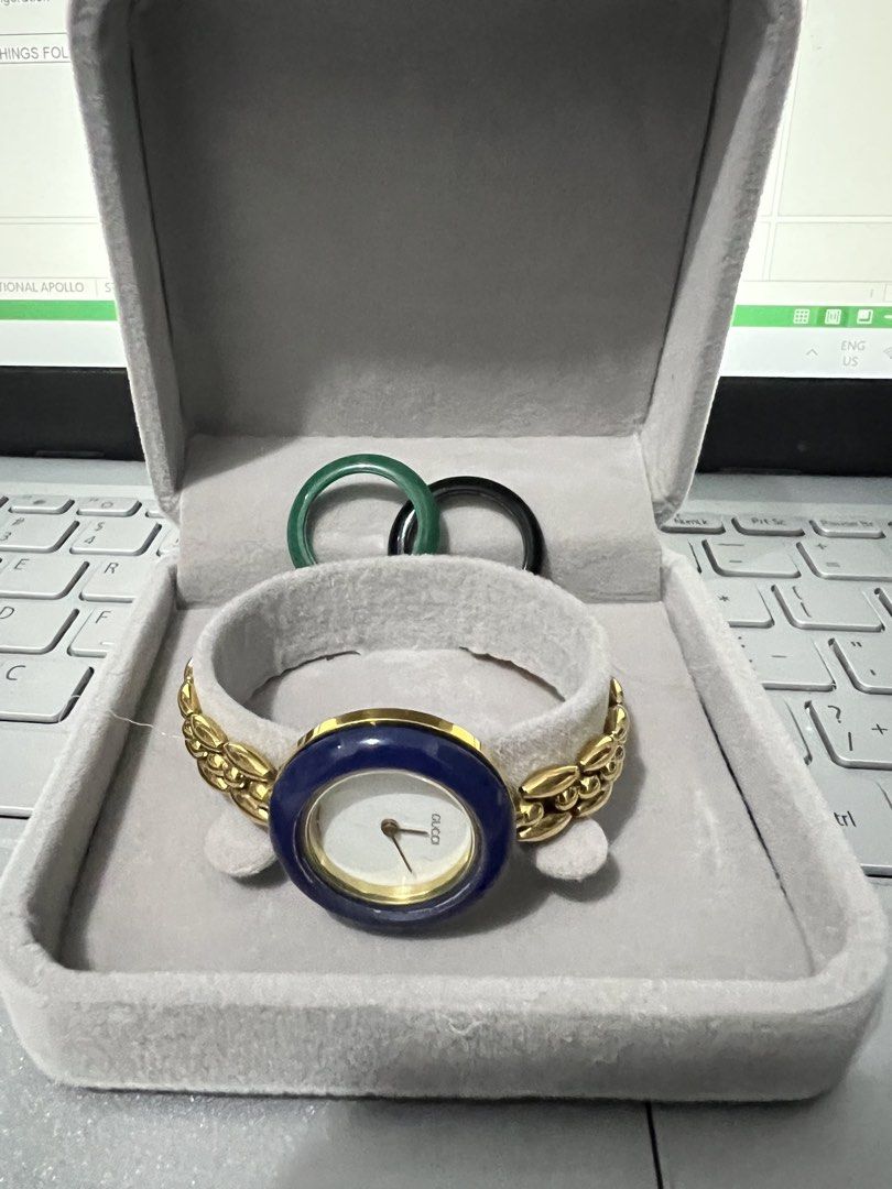 Gucci Ladies Watch (Category: Luxury Watches) located in Bacolor. Submitted by wristoryclockworksph (Listing ID 1427300915, Image 2). Description: Gucci rice link interchangeable bezel Bezel color Blue Black Green Brown 📌 Reminder: Vintage and pre-owned watches may show minor signs of age or wear. Kindly check the photos and set proper expectations. 📎 Warranty: • 1-week warranty on the watch movement only. • No warranty for solar, wave ceptor, 