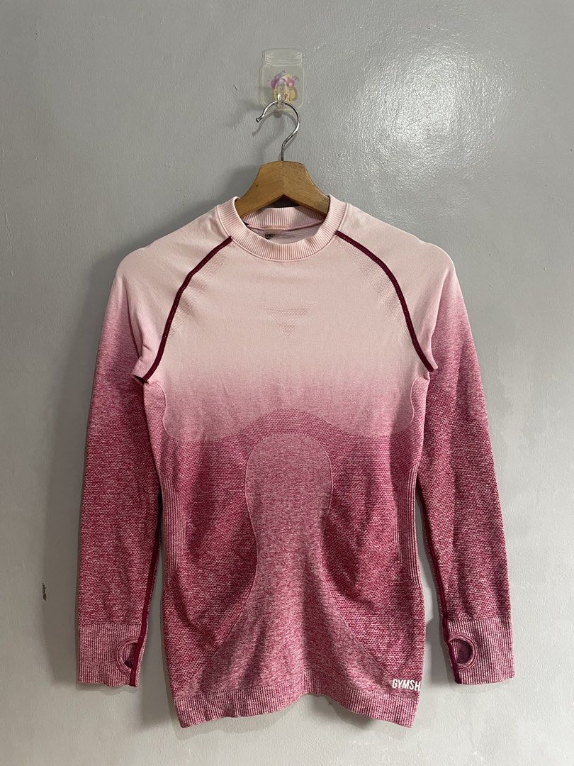 Gymshark Ombre Long Sleeve Top (Category: Activewear) located in Taguig. Submitted by _curatedfits (Listing ID 1427296926, Image 1). Description: Gymshark Longsleeve Ombre pink Size: W 15 to 19 L 25 No flaws - 250 Dm!.