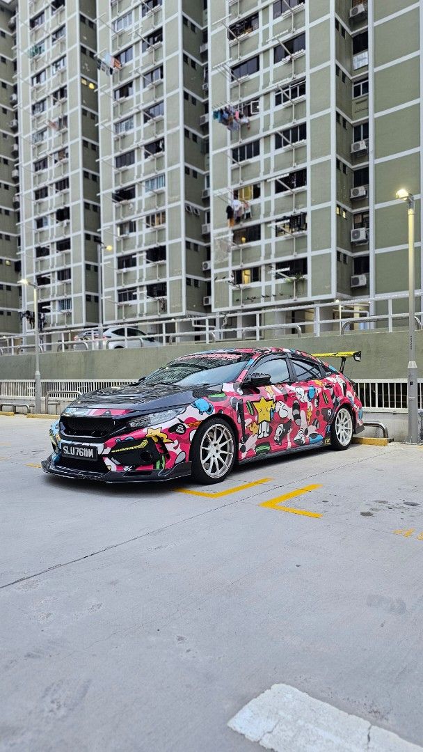 Honda Civic 1.5 VTEC Turbo (A) (Category: Used Cars) located in Singapore. Submitted by partymachine (Listing ID 1427280375, Image 2). Description: Unique Honda Civic Type R with custom wrap and modifications. Features modifications worth more than $20k include a CF Voltex wing, aftermarket gauges, and interior upgrades (PM for full list). Engine bay has been modified with performance parts. A real head-turner!.