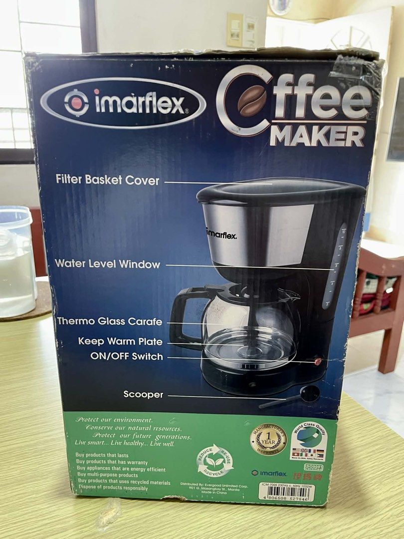 Imarflex Coffee Maker (Category: Coffee Machines & Makers) located in Manila. Submitted by thelovecre39586 (Listing ID 1427202439, Image 3). Description: Imarflex coffee maker with a thermo glass carafe. The carafe has a capacity of up to 10 cups. The box is included. Well maintained. Bihira lang ginagamit. No issue.