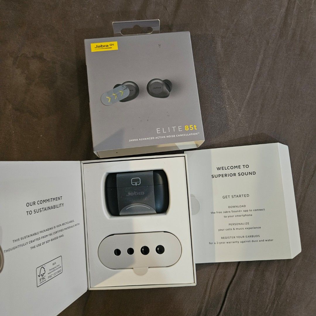 Jabra Elite 85t Wireless Earbuds (Category: Earphones) located in Manila. Submitted by smartluxeph (Listing ID 1427171543, Image 1). Description: - Jabra Elite 85t earbuds - Adjustable ANC and HearThrough - 12mm speakers for big sound and bass - Fast-charging wireless charging case - 6-mic technology with wind protection - IPX4-rated - Includes extra ear gels and original box.
