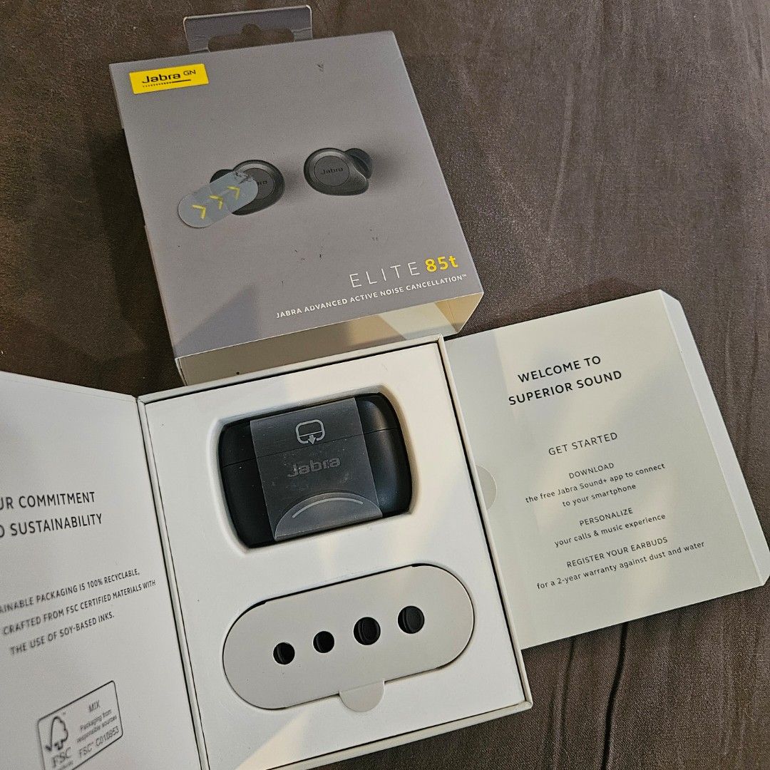 Jabra Elite 85t Wireless Earbuds (Category: Earphones) located in Manila. Submitted by smartluxeph (Listing ID 1427171543, Image 2). Description: - Jabra Elite 85t earbuds - Adjustable ANC and HearThrough - 12mm speakers for big sound and bass - Fast-charging wireless charging case - 6-mic technology with wind protection - IPX4-rated - Includes extra ear gels and original box.