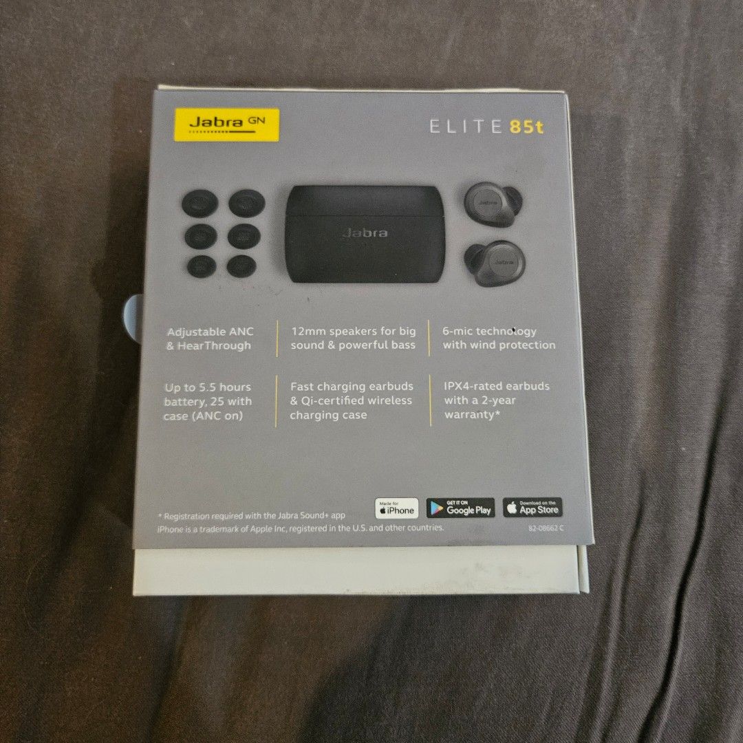 Jabra Elite 85t Wireless Earbuds (Category: Earphones) located in Manila. Submitted by smartluxeph (Listing ID 1427171543, Image 3). Description: - Jabra Elite 85t earbuds - Adjustable ANC and HearThrough - 12mm speakers for big sound and bass - Fast-charging wireless charging case - 6-mic technology with wind protection - IPX4-rated - Includes extra ear gels and original box.