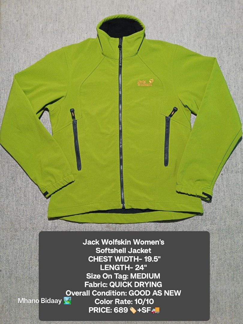 Jack Wolfskin Women's Softshell Jacket (Category: Coats, Jackets and Outerwear) located in Valencia. Submitted by mhano_bidaay_outdoors_218 (Listing ID 1427229475, Image 1). Description: Features a vibrant green color with a black interior. The jacket has a chest width of 19.5 inches and a length of 24 inches. It is a size medium and made of quick-drying fabric. It has two zippered pockets and a full-length zipper..