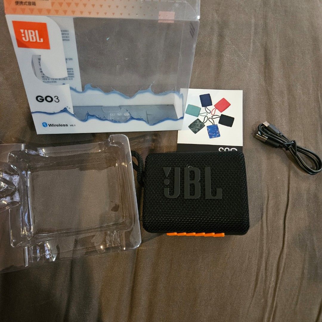 JBL GO3 Portable Bluetooth Speaker (Category: Soundbars, Speakers & Amplifiers) located in Manila. Submitted by smartluxeph (Listing ID 1427171929, Image 1). Description: 🔊 JBL Go 3 Portable Bluetooth Speaker – Compact & Powerful (Like New w/ Complete Set) 🖤 Authentic JBL Go 3 🖤 Surprisingly powerful sound + punchy bass for its size 🖤 Ultra-portable (with built-in loop – easy to carry anywhere) 🖤 IP67 waterproof & dustproof (perfect for trav