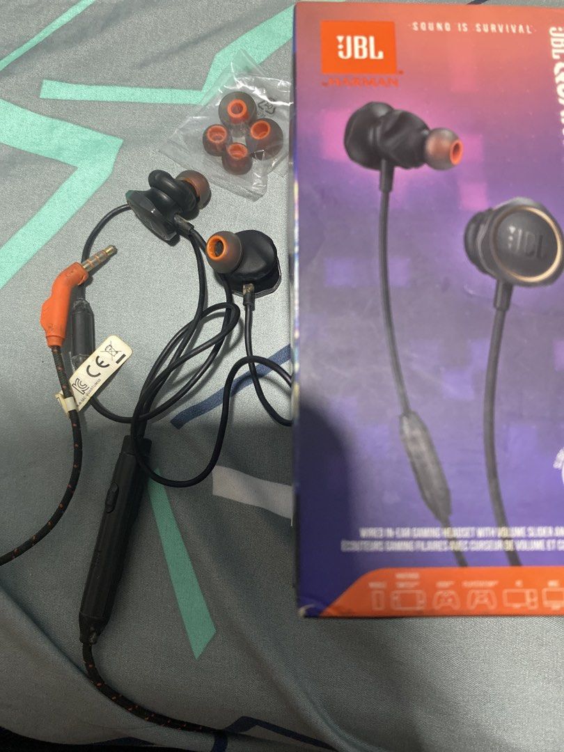 JBL Quantum 50 Wired In-Ear Earphones (Category: Headphones & Headsets) located in Quezon City. Submitted by aldenpv (Listing ID 1427241352, Image 1). Description: JBL Quantum 50 in-ear wired earphones Dedicated volume control, answer and mute button. Comes with extra ear tips that are still sealed and unused Has visible wear and tear around the rubber parts of the earphones but still works well. RFS:Decluttering .