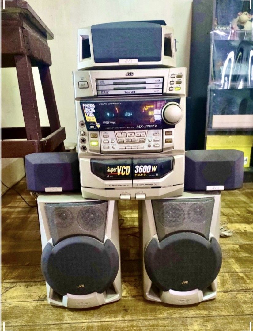 JVC MX-J757V Stereo System (Category: Soundbars, Speakers & Amplifiers) located in Cainta. Submitted by gerlaystreasures (Listing ID 1427308586, Image 1). Description: Authentic JVC BUY AND TAKE AS IS LASt PRICE P5000 Tape player needs check up (not working) CD/VCD Player/Deck (probably not working) not tested if working since we no longer have cd and dvd disk in our house. 5 Speakers are in perfect condition. I CAN SEND VIDEO (AM/FM) FOR SOUND P