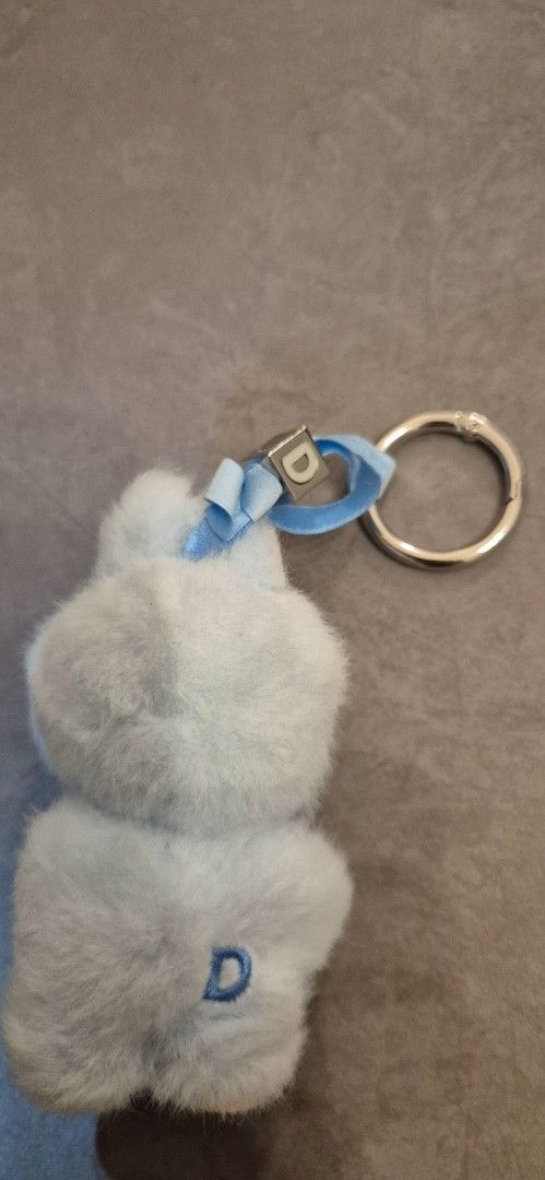 Labubu Keychain (Category: Designer & Blind Box Toys) located in Singapore. Submitted by darktrick (Listing ID 1427280607, Image 3). Description: Adorable labubu keychain features a fluffy blue plush design. It has a metal keyring and a blue ribbon detail. The plush has some wear and tear, as shown in the photos. A charming collectible!.