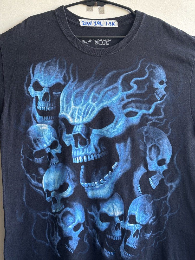 Liquid Blue Skull Graphic T-Shirt (Category: Tshirts & Polo Shirts ) located in Cavite. Submitted by epithrift_ (Listing ID 1427158743, Image 2). Description: Liquid blue skull Size large Dimes 21W 29L Issue pinholes Price 1.5k .