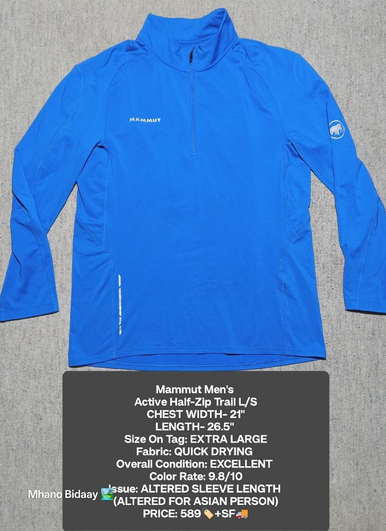 Mammut Men's Active Half-Zip Trail L/S (Category: Coats, Jackets and Outerwear) located in Valencia. Submitted by mhano_bidaay_outdoors_218 (Listing ID 1427223747, Image 1). Description: Mammut Men's Active Half-Zip Trail L/S jacket. Features a quick-drying fabric. Chest width is 21 inches, and the length is 26.5 inches. The sleeve length has been altered. Color rate is 9.8/10. Size on tag is EXTRA LARGE..