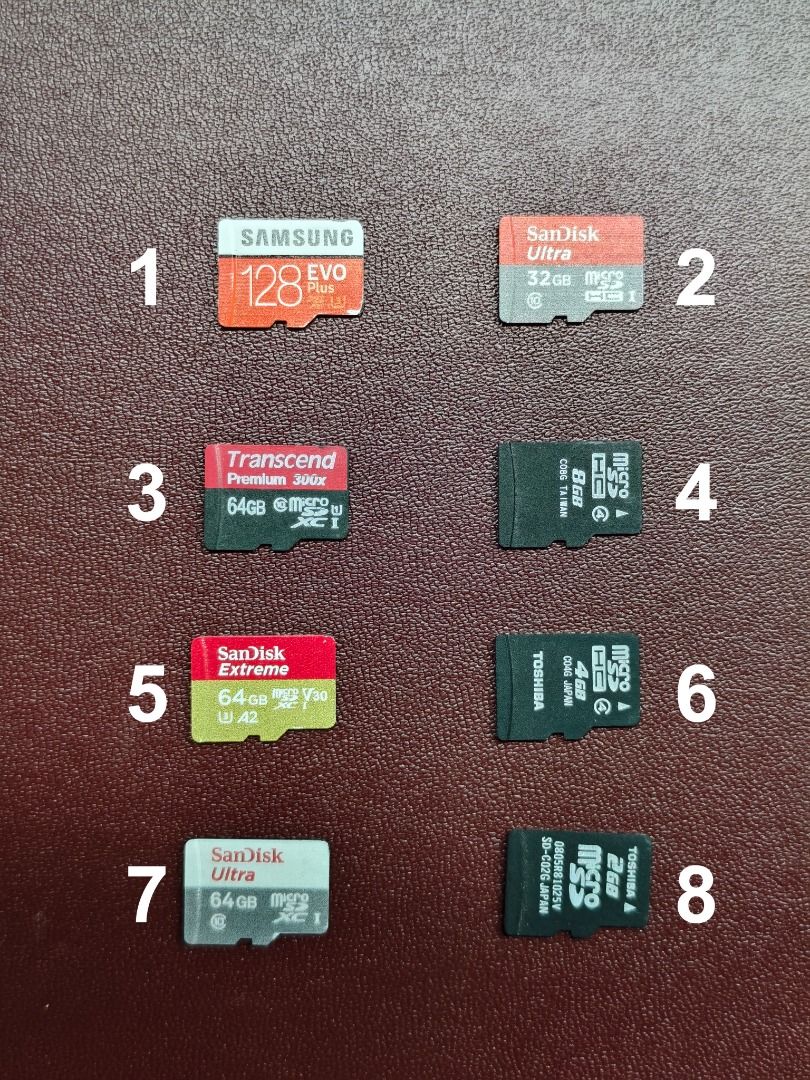 Micro SD卡, SD 卡 多張(128gb, 64gb, 32gb, 16gb, 8gb, 4gb, 2gb) （分類：記憶卡）位於 Hong Kong。 由 matthewtsiu 提交（商品編號 1427202146，圖片 1）。簡介： 出售多款SD卡，包括SanDisk、Sony和Kingmax品牌。容量包括32GB、8GB、4GB和8GB。另有Micro SD卡，容量包括2GB、4GB、8GB、64GB和128GB。 每張不同價錢 : 1. Samsung EVO Plus-128gb_$250 2. SanDisk Ultra-32gb_$100 3. Transcend Premium 300x-64gb_$150 4.Toshiba Exceria-8gb_$50 5. SanDisk Extreme-64gb_$150 6.Toshiba Exceria-4gb_$30 7. SanDisk Ultra-64gb_$150 8.Toshiba Exceria-2gb