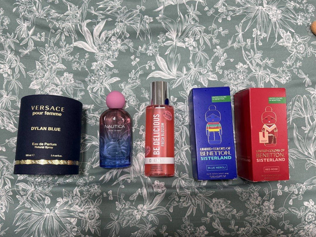 Perfumes for sale (Category: Fragrance & Deodorants) located in Quezon City. Submitted by cc.cloudy (Listing ID 1427298782, Image 1). Description: Versace Dylan Blue - 2000 Nautica Rose Island - 1000 Benetton Blue Neroli - 1000 Benetton Red Rose - 1000 DKNY Be Delicious Fresh Blossom Mist - 500 Sprayed a few times only! 100% legit. Got this all from J/P Fragr/ance! DKNY from Laz/Ma/ll. Selling super low because I just want to get rid of them. .