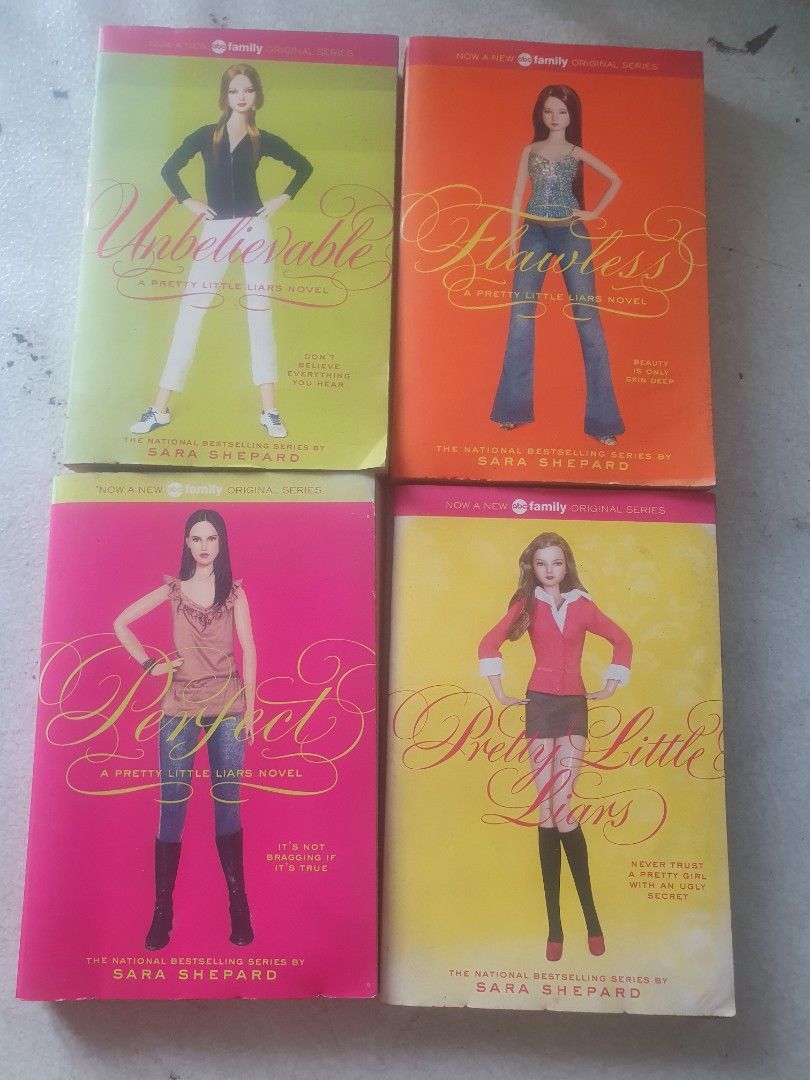 Pretty Little Liars Book Set (Category: Storybooks) located in San Pablo. Submitted by happyflower_4a9f30 (Listing ID 1427183515, Image 1). Description: Set of four books from the Pretty Little Liars series. Titles include "Flawless", "Unbelievable", "Perfect", and "Pretty Little Liars". The books are paperback and feature colorful covers with images of the characters. The author is Sara Shepard. The books are in English..