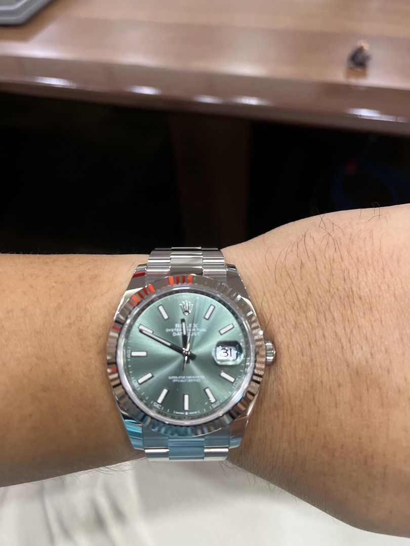 Rolex Datejust 41 Mint Green 126334 (Category: Luxury Watches) located in Angeles City. Submitted by jwm02c (Listing ID 1427311775, Image 3). Description: Rolex Datejust 41 Mint Green Dial in oyster, Ref 126334. Highly sought after dial and an overall beautiful watch. 9.8/10 and 2024 purchased from foreign AD Open to trade with cash for an AP ROO Diver.