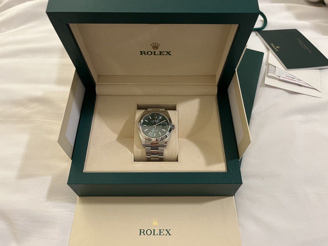 Rolex Datejust 41 Mint Green 126334 (Category: Luxury Watches) located in Angeles City. Submitted by jwm02c (Listing ID 1427311775, Image 2). Description: Rolex Datejust 41 Mint Green Dial in oyster, Ref 126334. Highly sought after dial and an overall beautiful watch. 9.8/10 and 2024 purchased from foreign AD Open to trade with cash for an AP ROO Diver.