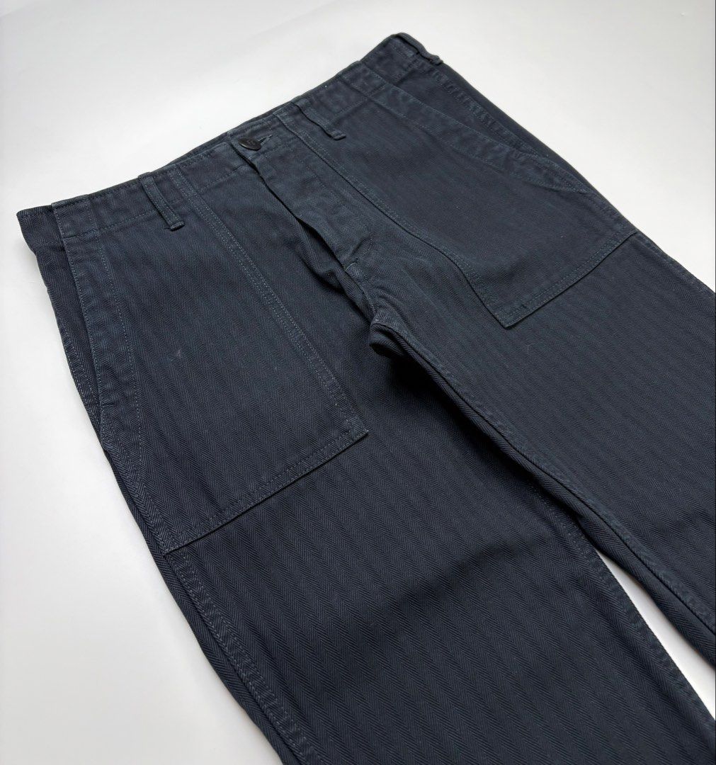 S/S19 Visvim Cropped Herringbone Drill Mil Pants (Category: Trousers) located in Cavite. Submitted by sc_rcity (Listing ID 1427299968, Image 2). Description: Tagged Size : 2 / 30 Men’s Authentic Made in Japan Color : Navy Blue Condition : Excellent 9.8/10 Zipper : Ykk No Inclusion Note : The first photo shows how it looks like when worn. Waist 15 Length 35 Front rise 11 Inseam 25 Leg op. 6.5.
