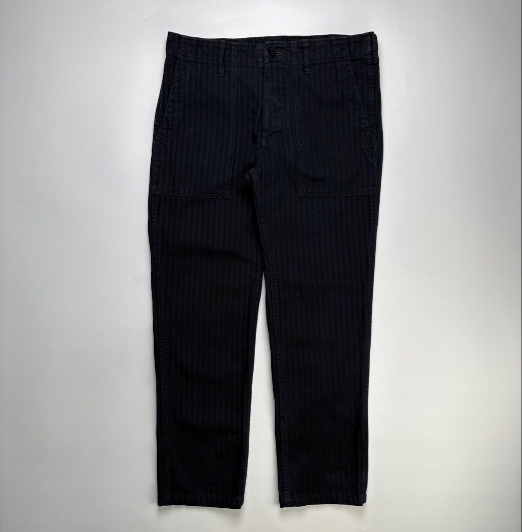 S/S19 Visvim Cropped Herringbone Drill Mil Pants (Category: Trousers) located in Cavite. Submitted by sc_rcity (Listing ID 1427299968, Image 1). Description: Tagged Size : 2 / 30 Men’s Authentic Made in Japan Color : Navy Blue Condition : Excellent 9.8/10 Zipper : Ykk No Inclusion Note : The first photo shows how it looks like when worn. Waist 15 Length 35 Front rise 11 Inseam 25 Leg op. 6.5.