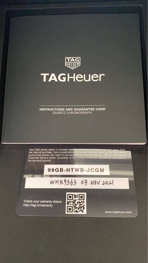 TAG Heuer Quartz Chronograph Watch (Category: Men's Watches) located in San Pedro. Submitted by jamaicanorange (Listing ID 1427216085, Image 2). Description: Tag Heuer Formula 1 Chrono Complete box, with free travel watch carrier Purchase at S$2000 RFS: decluttering, no battery NEGO!!! Listing includes the instructions and guarantee card for a TAG Heuer Quartz Chronograph watch. The card indicates the watch is covered against manufacturing defect