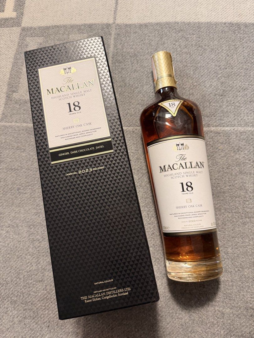 The Macallan 18 Years Old Sherry Oak Cask (Category: Beverages) located in Pasig City. Submitted by donmsamson (Listing ID 1427226530, Image 1). Description: Macallan 18 Years Old Sherry Oak Cask. Annual 2023 Release. Features notes of ginger, dark chocolate, and dates. The bottle is presented in its original box. A premium single malt Scotch whisky..