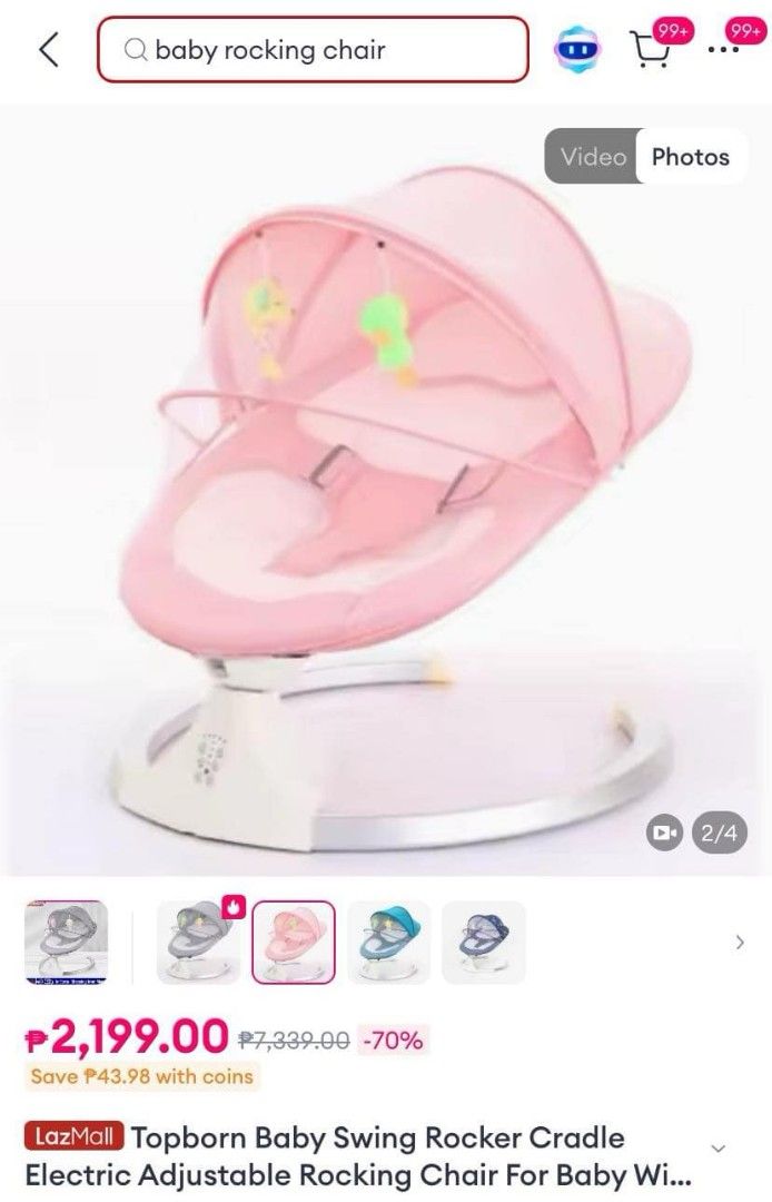 Topborn Baby Swing Rocker Cradle (Category: Cots & Cribs) located in Caloocan City. Submitted by moonstarrr05925 (Listing ID 1427242452, Image 3). Description: Electric adjustable baby rocking chair with a pink canopy and mosquito net. Includes a remote control and power adapter. Features a white base with control buttons. The seat is pink and white with safety straps. Suitable for babies..