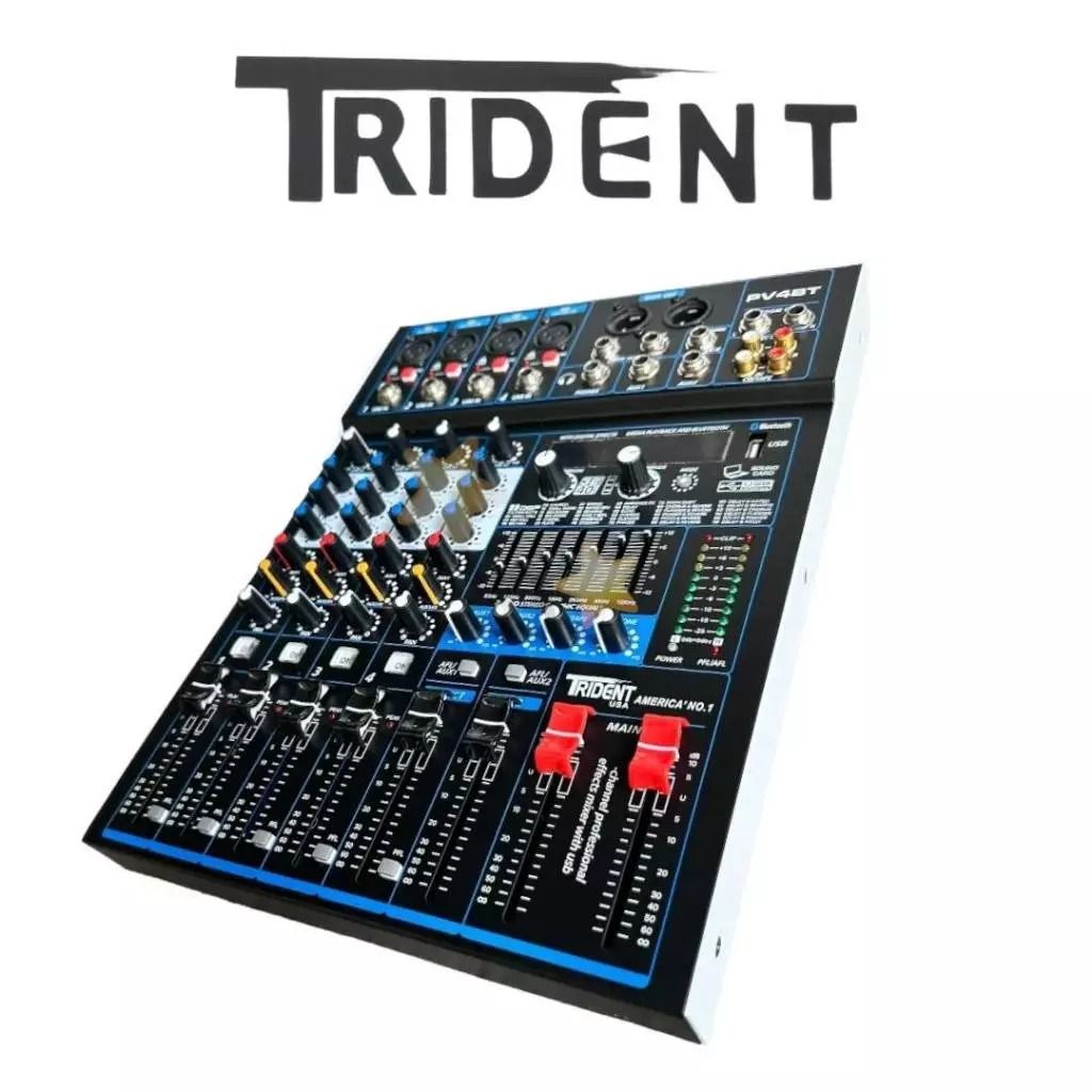 Trident PV-4BT 4-Channel Passive Mixer (Category: Soundbars, Speakers & Amplifiers) located in Quezon City. Submitted by yamyam.yamyam (Listing ID 1427225357, Image 2). Description: The TRIDENT PV-4BT 4 Channel Compact Mixer with built-in sound card and 99DSP effects EQ is a must-have for any music enthusiast or professional. Compact and Versatile: This mixer is compact, making it easy to carry around. It has four channels which allow you to conn