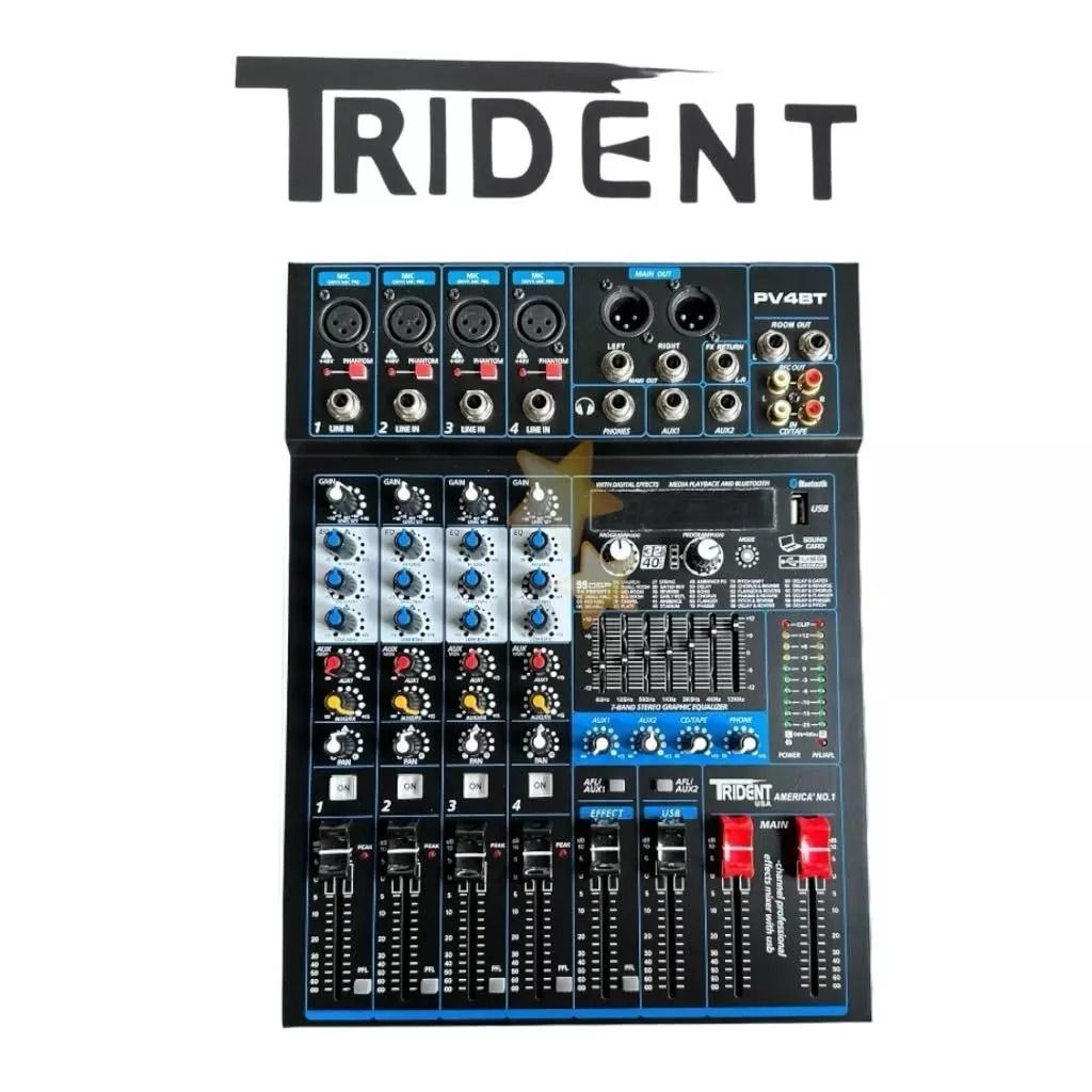 Trident PV-4BT 4-Channel Passive Mixer (Category: Soundbars, Speakers & Amplifiers) located in Quezon City. Submitted by yamyam.yamyam (Listing ID 1427225357, Image 3). Description: The TRIDENT PV-4BT 4 Channel Compact Mixer with built-in sound card and 99DSP effects EQ is a must-have for any music enthusiast or professional. Compact and Versatile: This mixer is compact, making it easy to carry around. It has four channels which allow you to conn